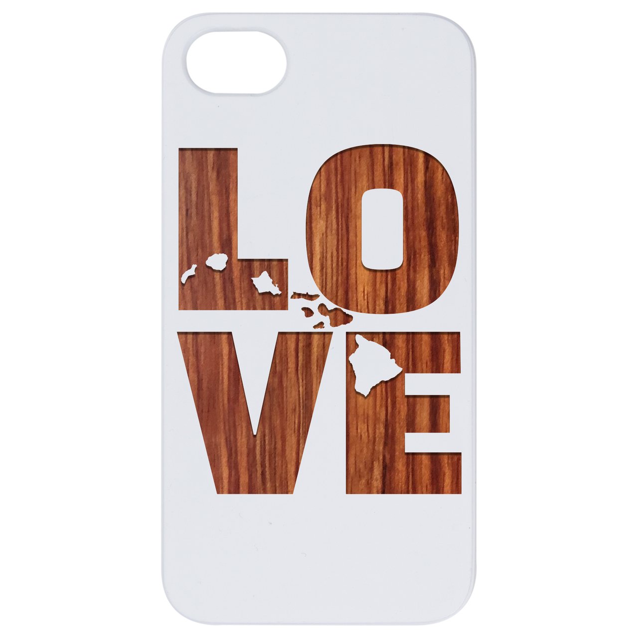 Love Hawaii Map engraved wooden phone case showcasing intricate design and natural wood finish.