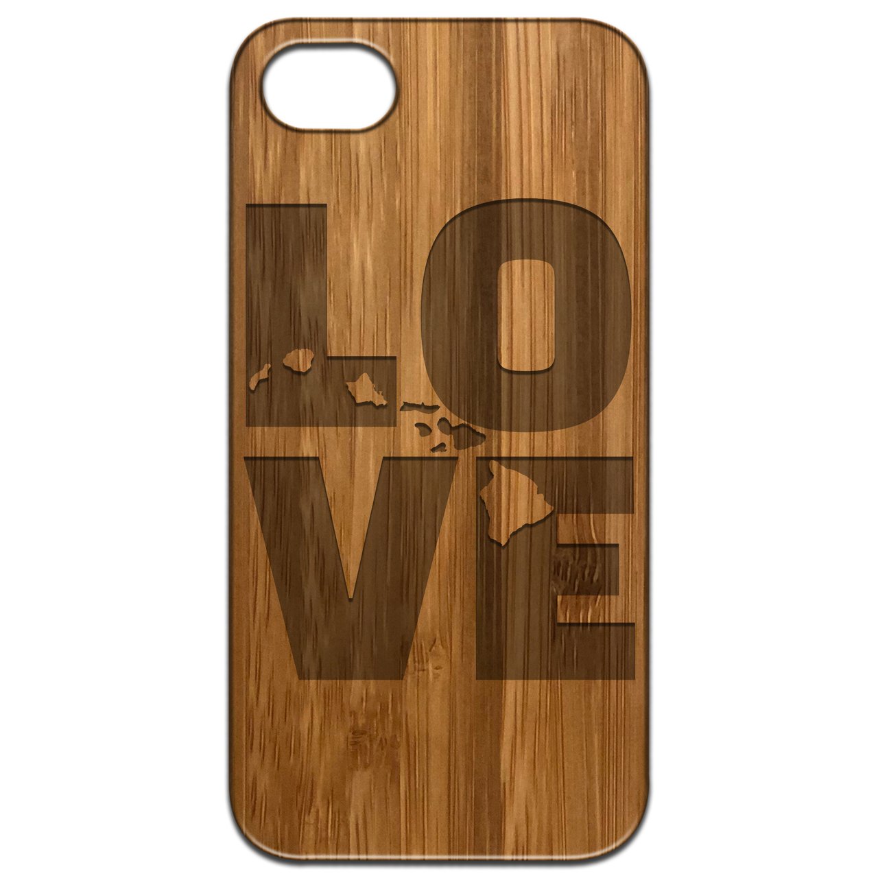 Love Hawaii Map engraved wooden phone case showcasing intricate design and natural wood finish.