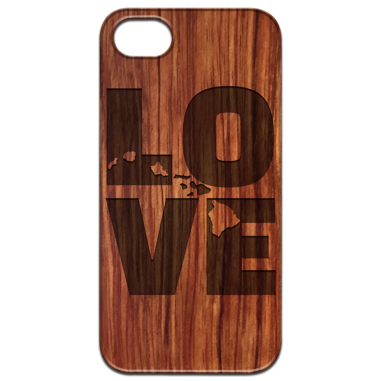 Love Hawaii Map engraved wooden phone case showcasing intricate design and natural wood finish.