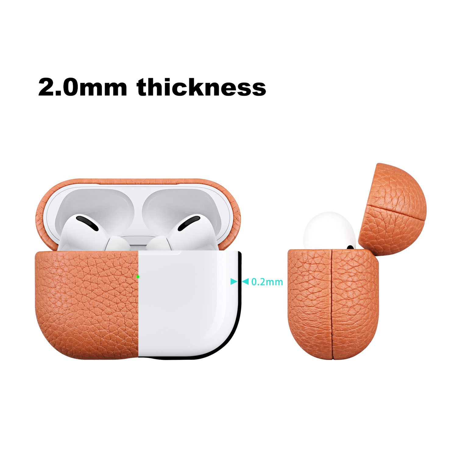 Lychee Leather Earphone Case in vibrant orange, showcasing its luxurious leather texture and full coverage design for AirPods.