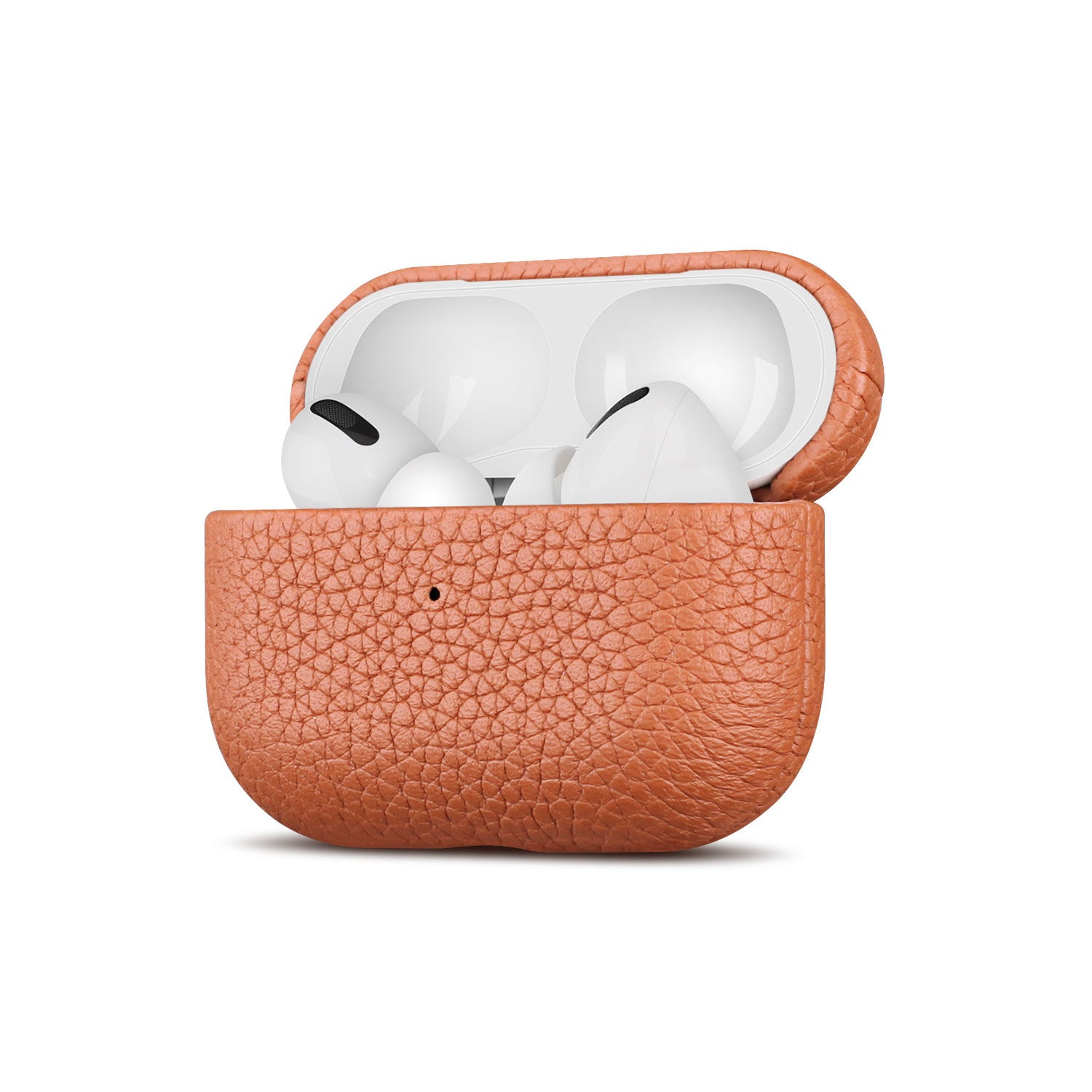 Lychee Leather Earphone Case in vibrant orange, showcasing its luxurious leather texture and full coverage design for AirPods.