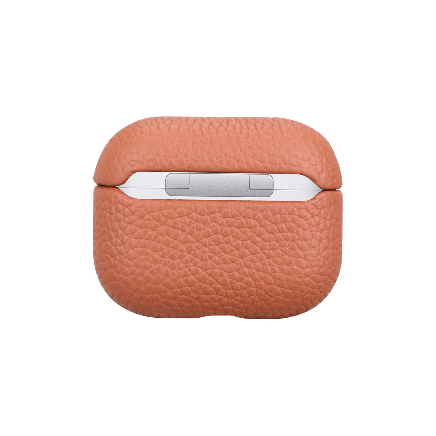 Lychee Leather Earphone Case in vibrant orange, showcasing its luxurious leather texture and full coverage design for AirPods.