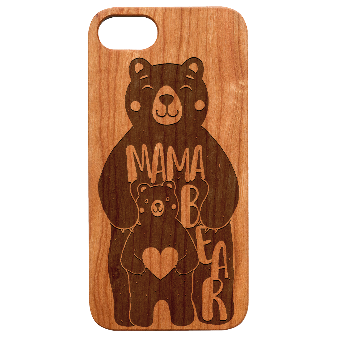 Mama Bear Engraved wooden phone case showcasing natural wood finish and unique design.