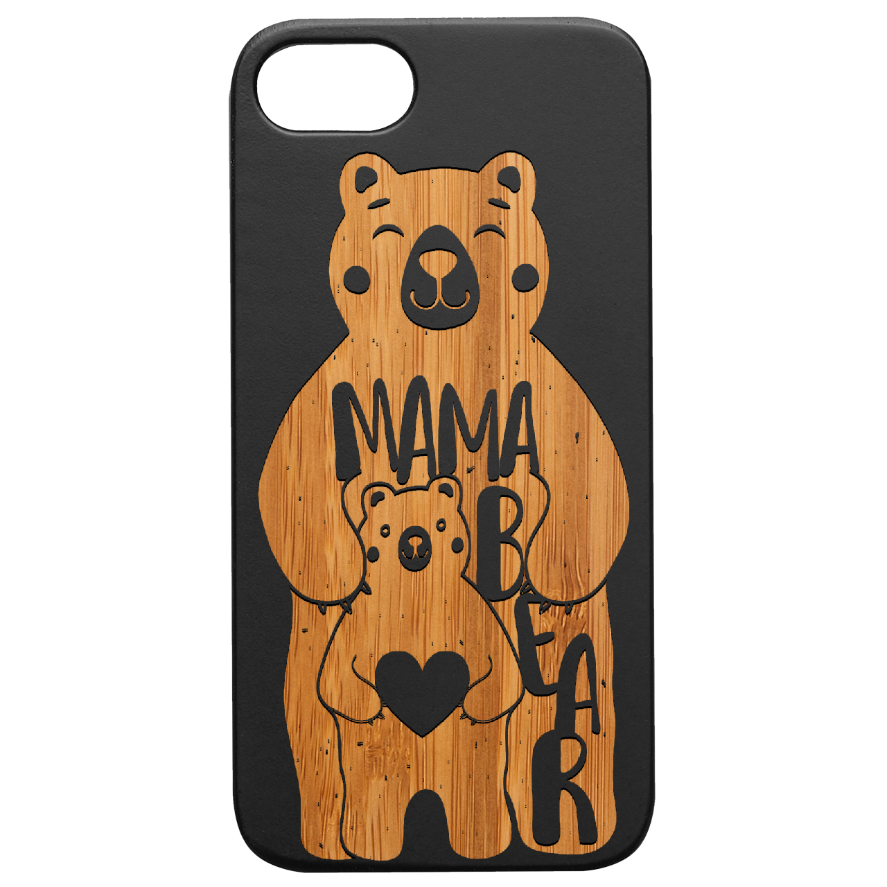 Mama Bear Engraved wooden phone case showcasing natural wood finish and unique design.