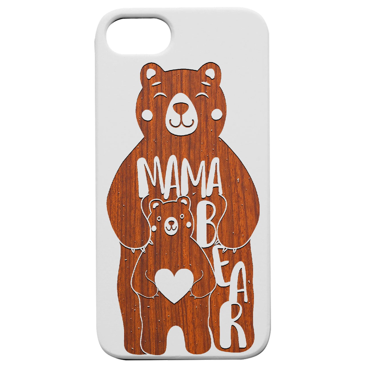 Mama Bear Engraved wooden phone case showcasing natural wood finish and unique design.