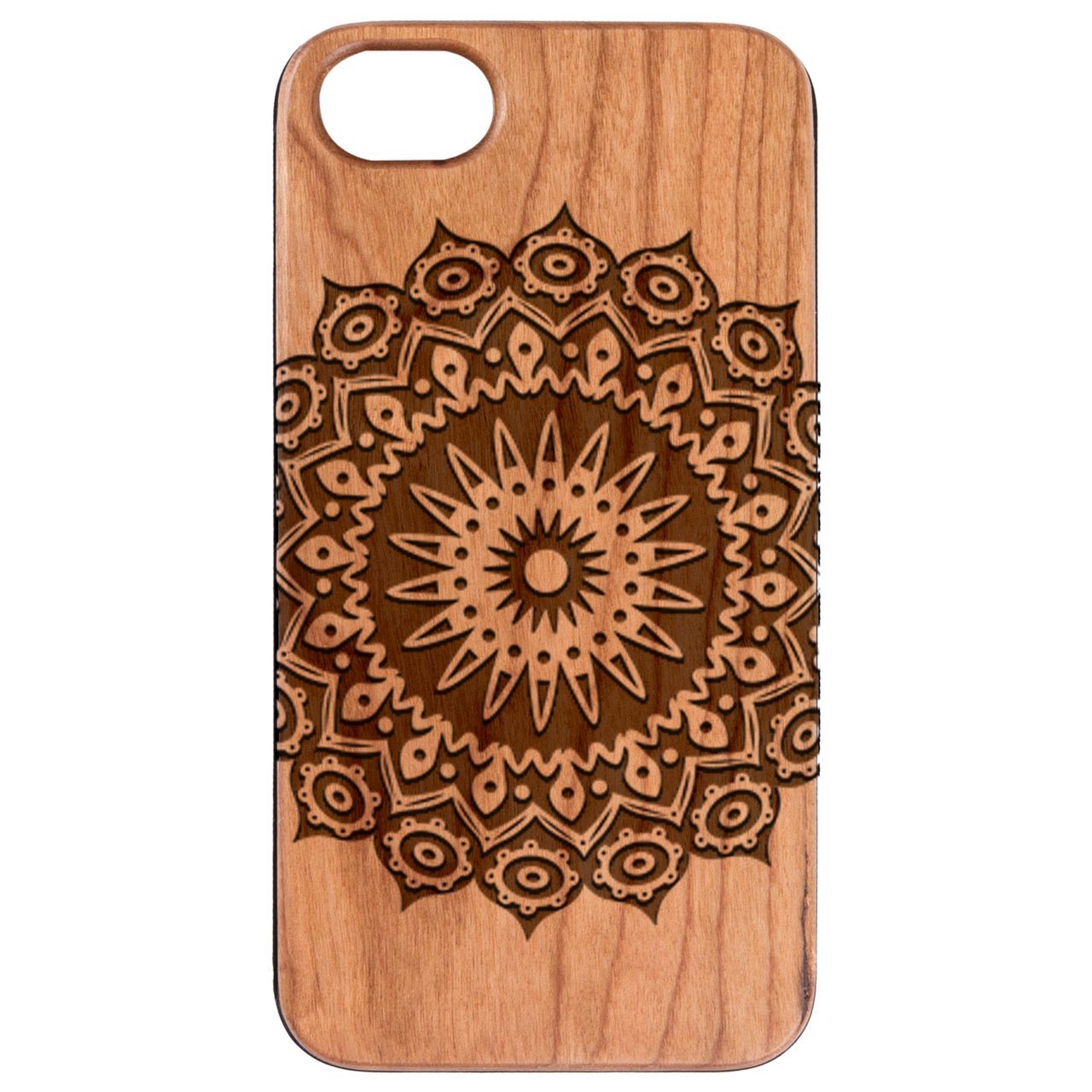 Mandala 1 - Engraved wooden phone case showcasing intricate laser-engraved design and natural wood finish.