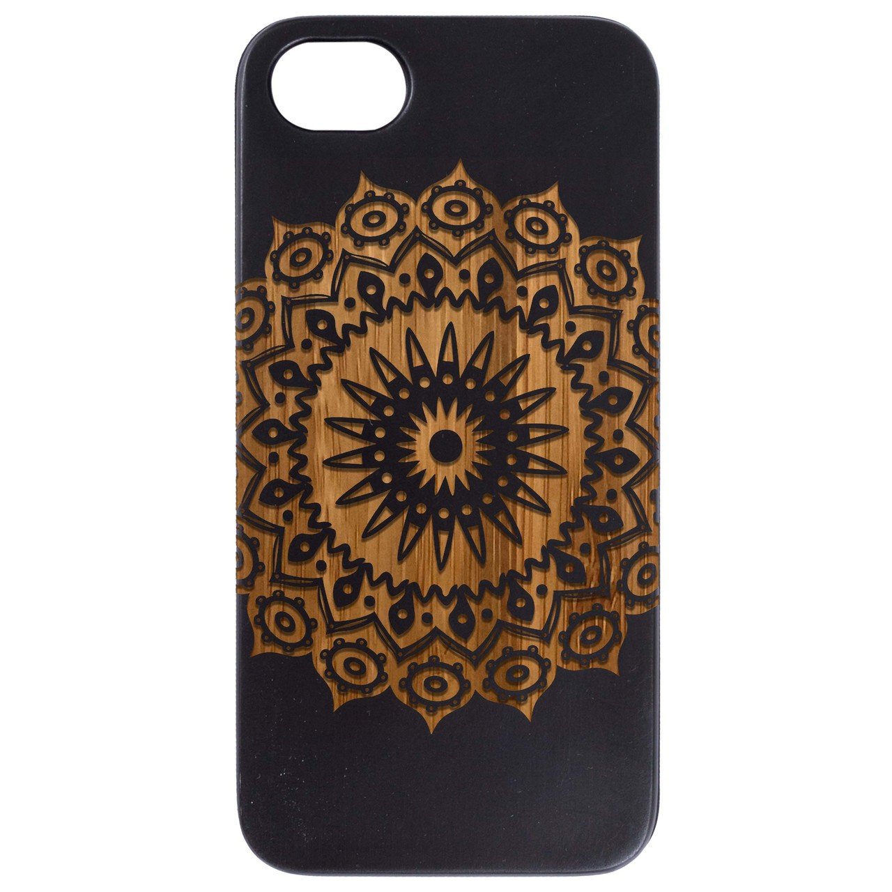 Mandala 1 - Engraved wooden phone case showcasing intricate laser-engraved design and natural wood finish.