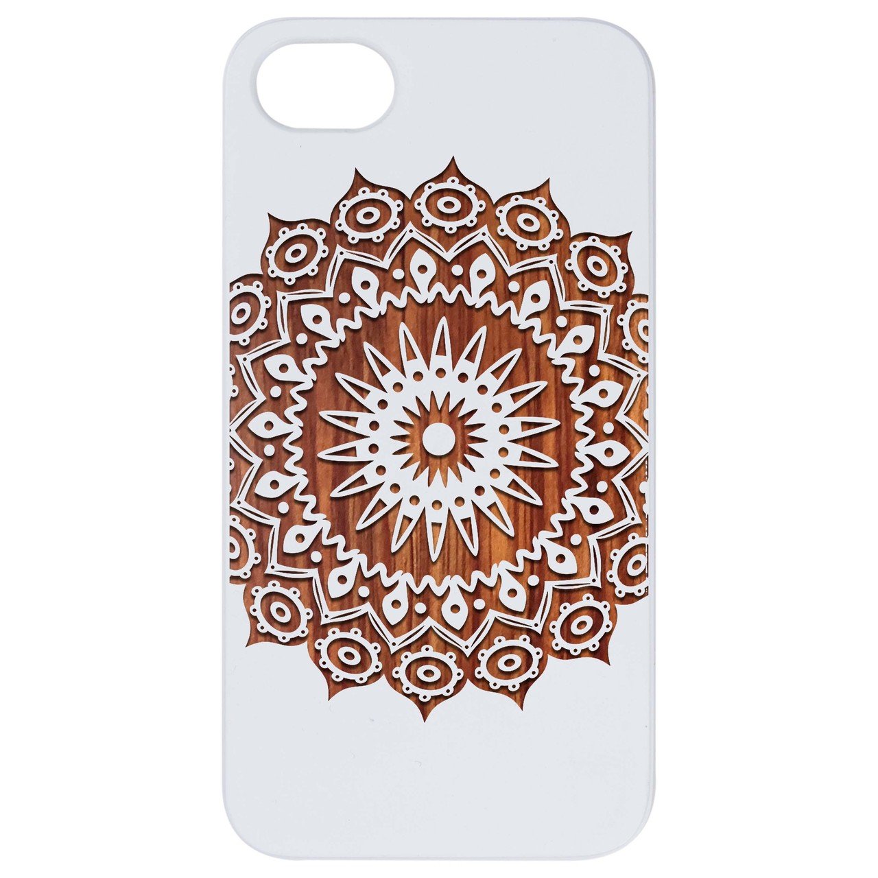 Mandala 1 - Engraved wooden phone case showcasing intricate laser-engraved design and natural wood finish.