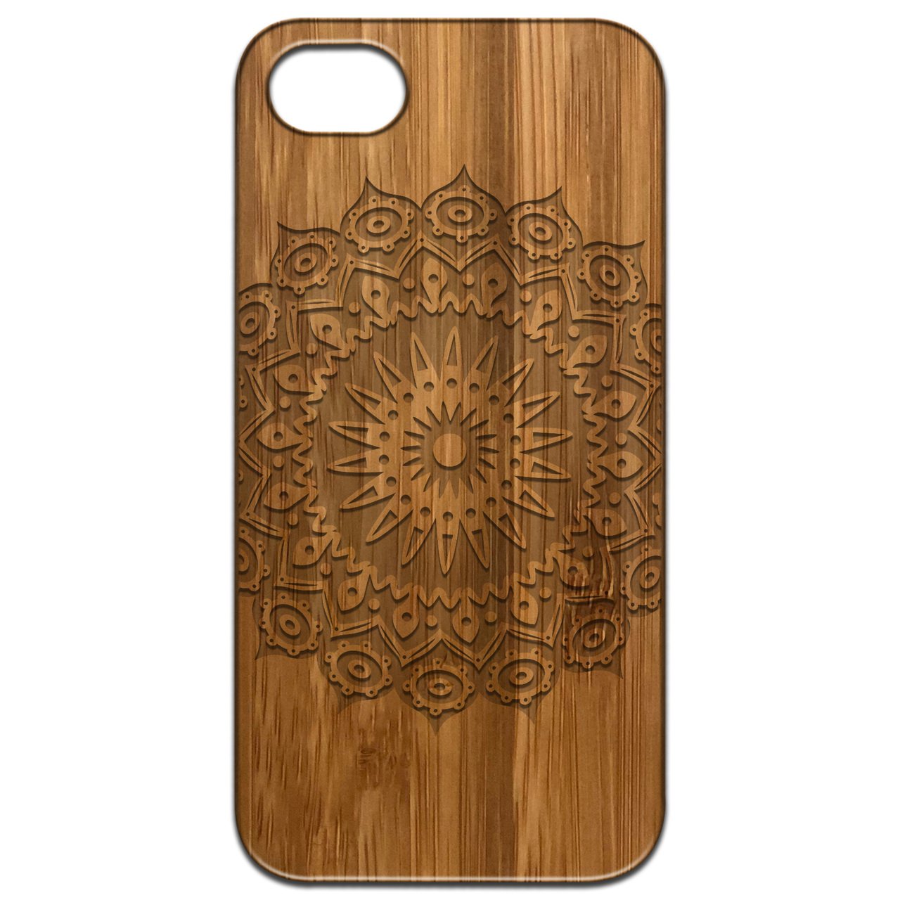 Mandala 1 - Engraved wooden phone case showcasing intricate laser-engraved design and natural wood finish.