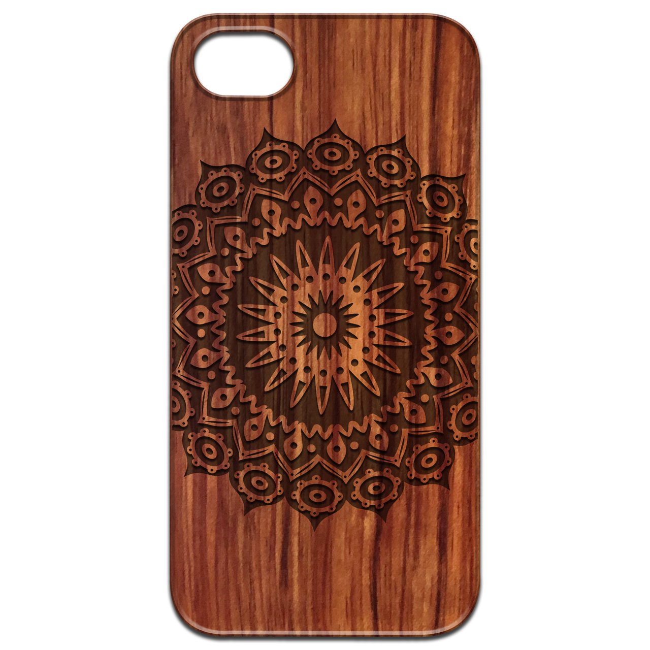 Mandala 1 - Engraved wooden phone case showcasing intricate laser-engraved design and natural wood finish.