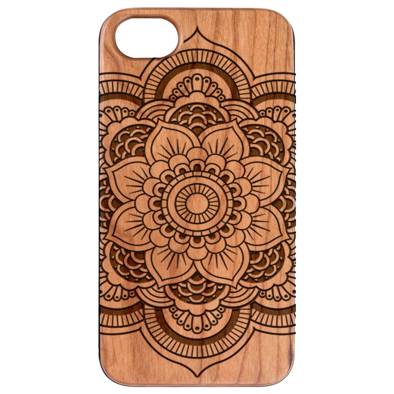 Mandala 2 - Engraved wooden phone case showcasing intricate laser-engraved design and natural wood finish.