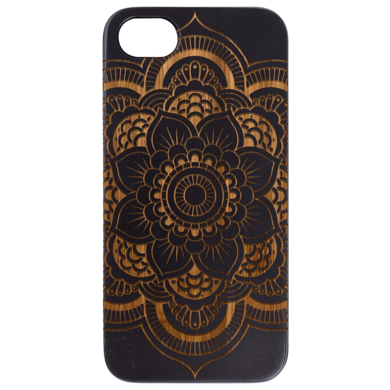 Mandala 2 - Engraved wooden phone case showcasing intricate laser-engraved design and natural wood finish.