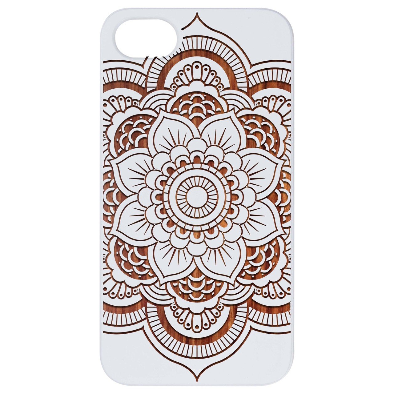 Mandala 2 - Engraved wooden phone case showcasing intricate laser-engraved design and natural wood finish.