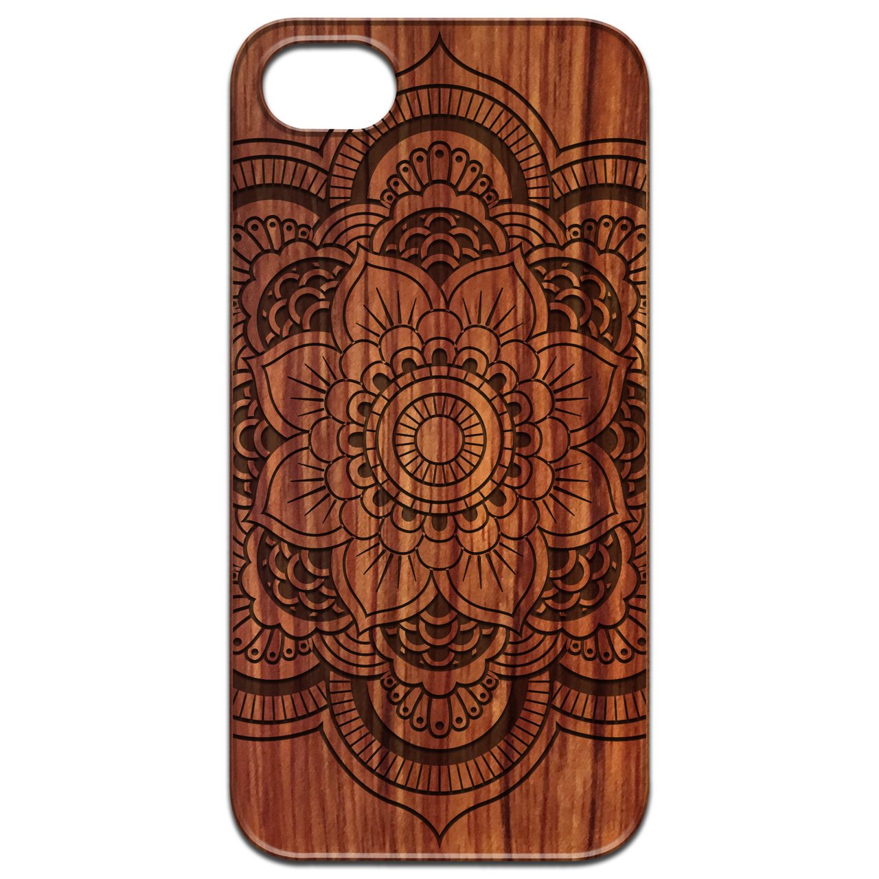 Mandala 2 - Engraved wooden phone case showcasing intricate laser-engraved design and natural wood finish.