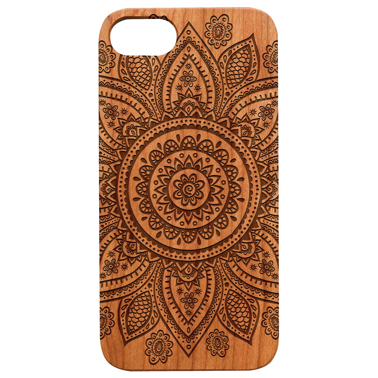 Mandala - Engraved wooden phone case showcasing intricate laser-engraved design and natural wood finish.