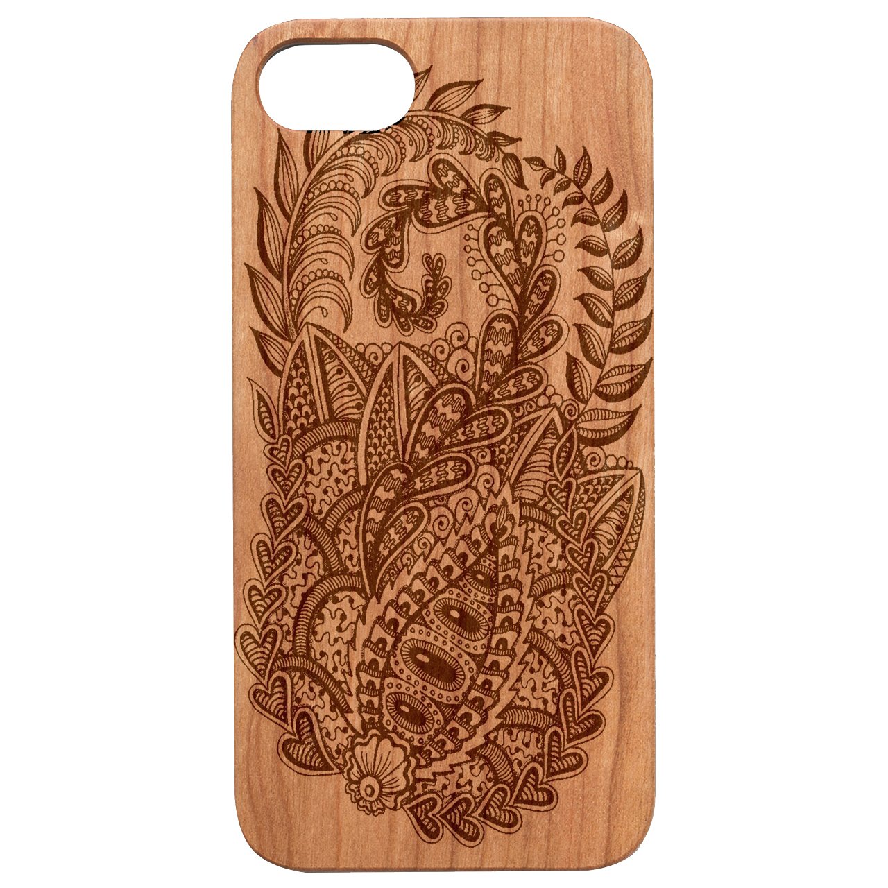 Mandala Leaves 2 - Engraved wooden phone case showcasing intricate design and natural wood finish.