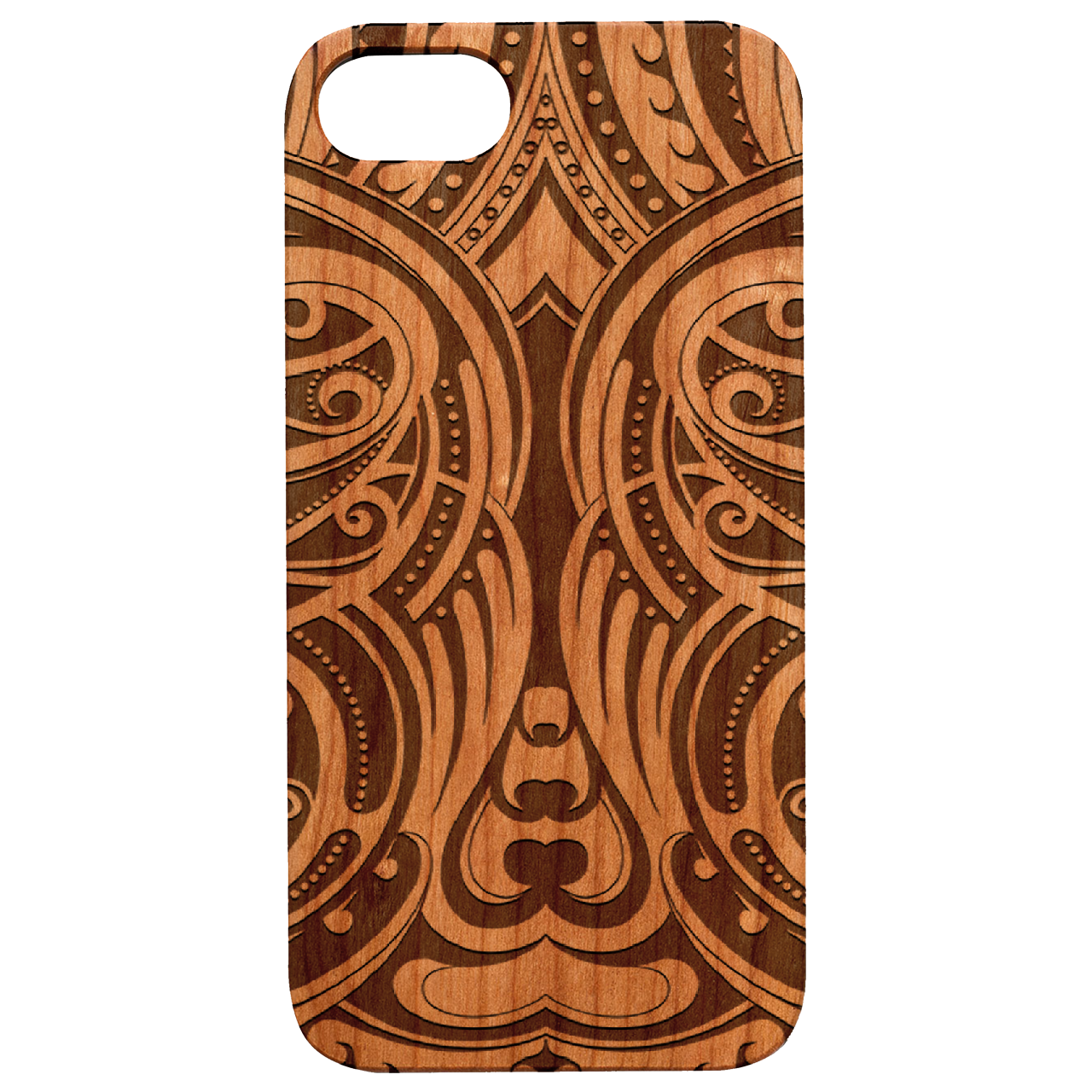 Maori 1 - Engraved wooden phone case showcasing intricate laser-engraved design and natural wood finish.