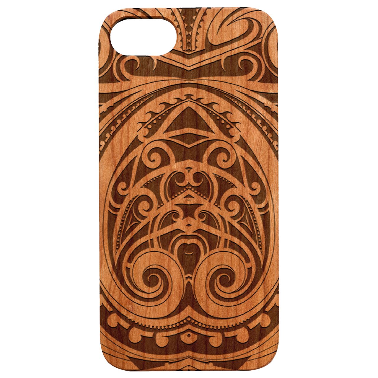 Maori 2 - Engraved wooden phone case showcasing unique laser-engraved design and natural wood finish.