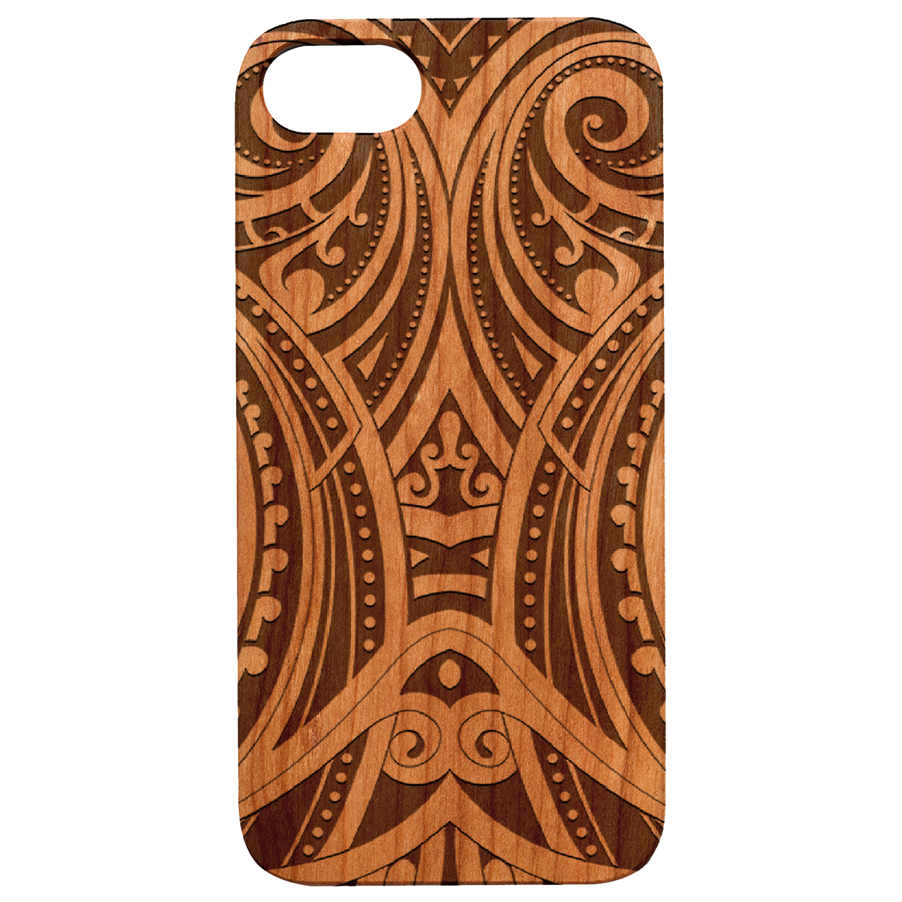 Maori 3 - Engraved wooden phone case showcasing intricate laser-engraved designs and durable construction.