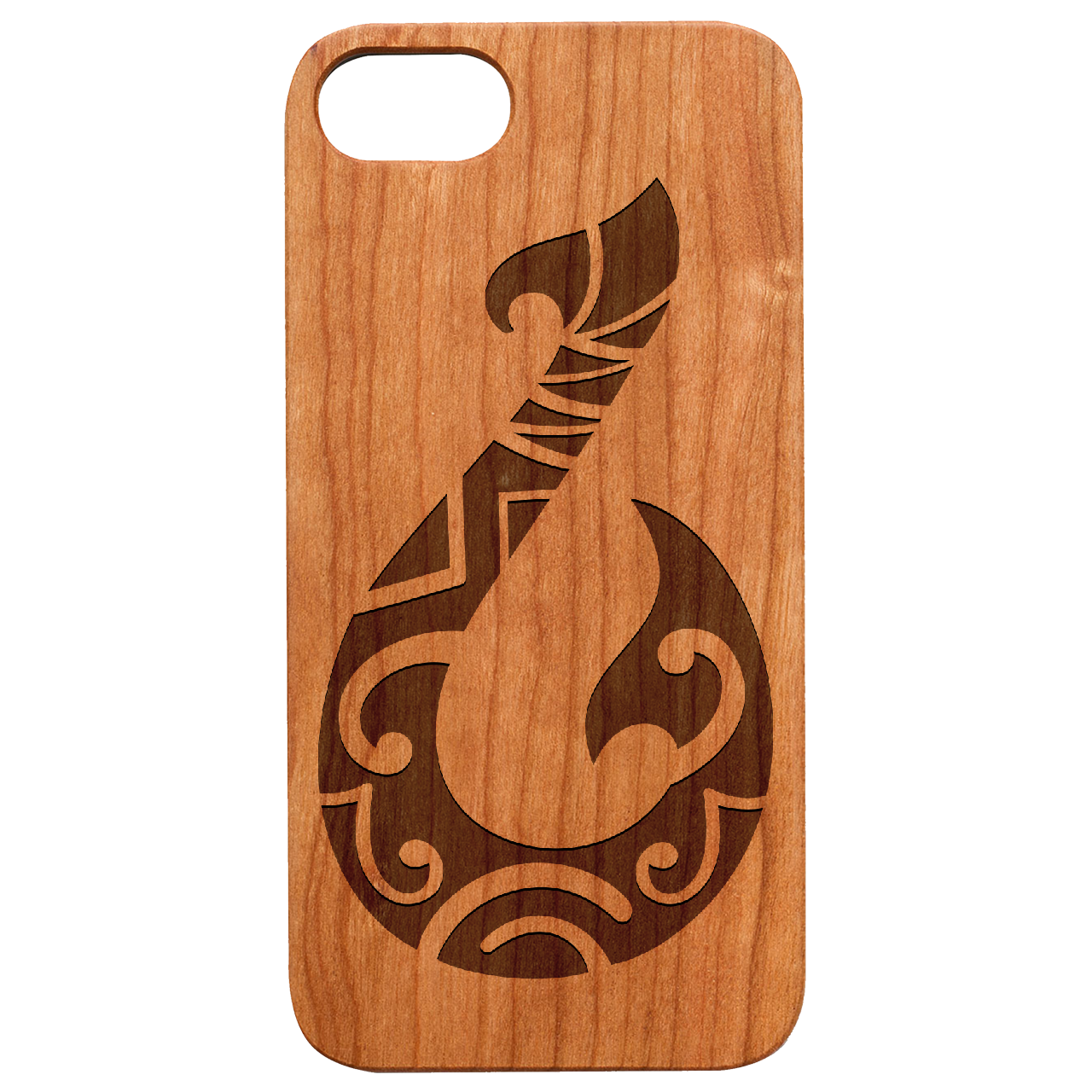 Maori Hook - Engraved wooden phone case showcasing intricate design and natural wood finish.