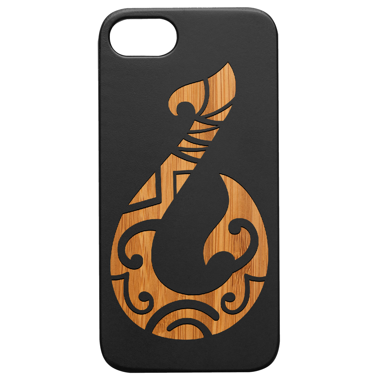 Maori Hook - Engraved wooden phone case showcasing intricate design and natural wood finish.