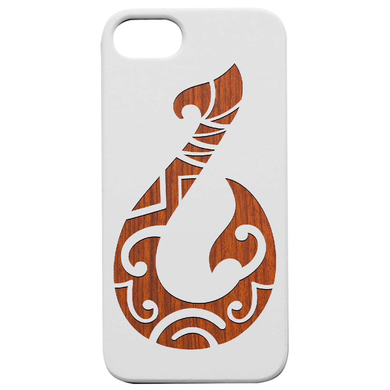 Maori Hook - Engraved wooden phone case showcasing intricate design and natural wood finish.