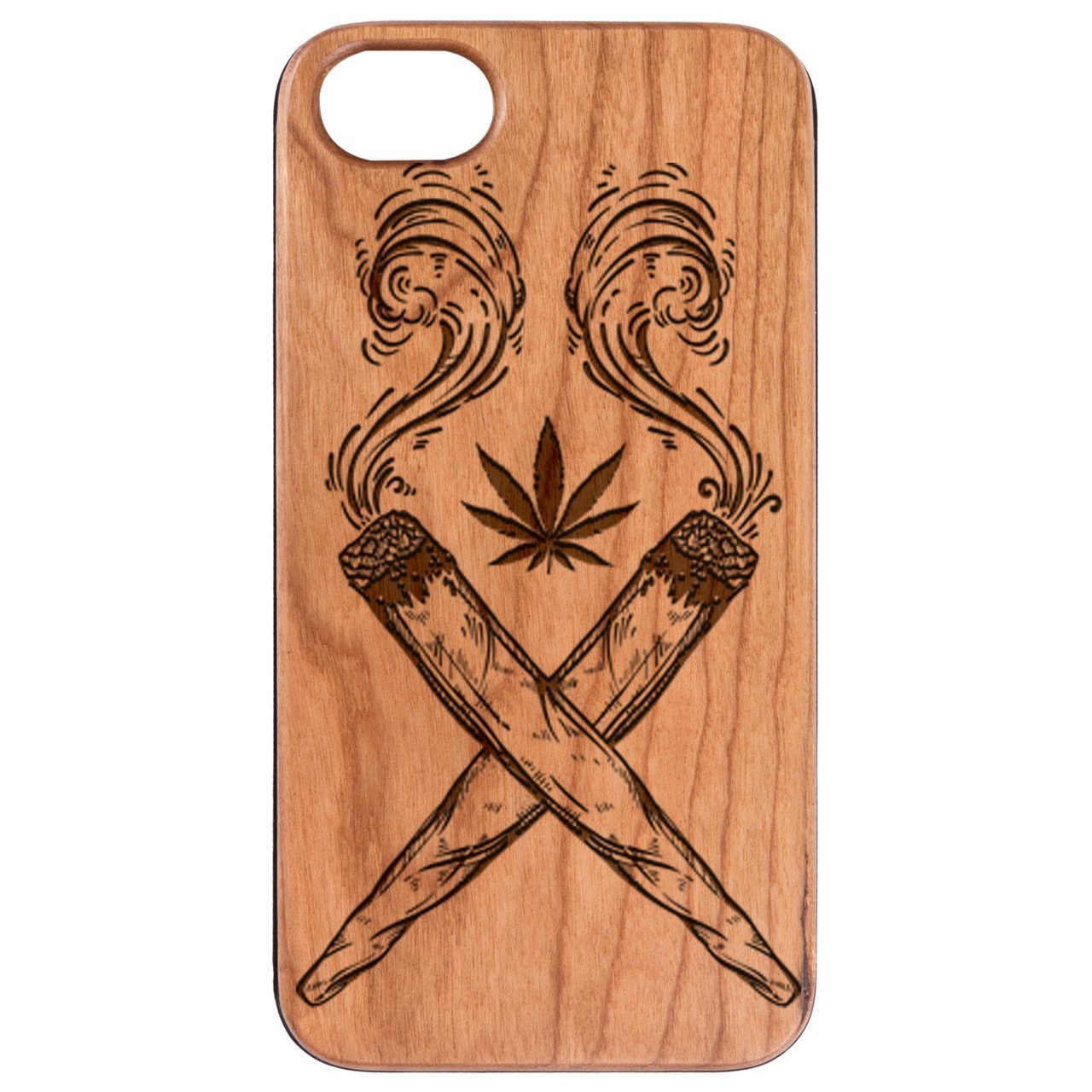 Marijuana Leaf Engraved wooden phone case showcasing intricate design and natural wood finish.