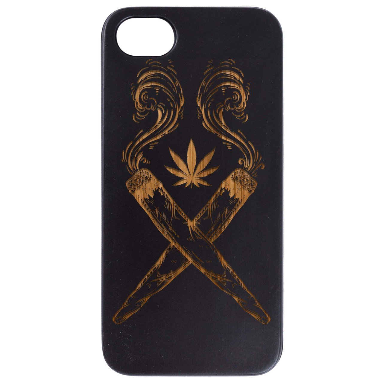 Marijuana Leaf Engraved wooden phone case showcasing intricate design and natural wood finish.