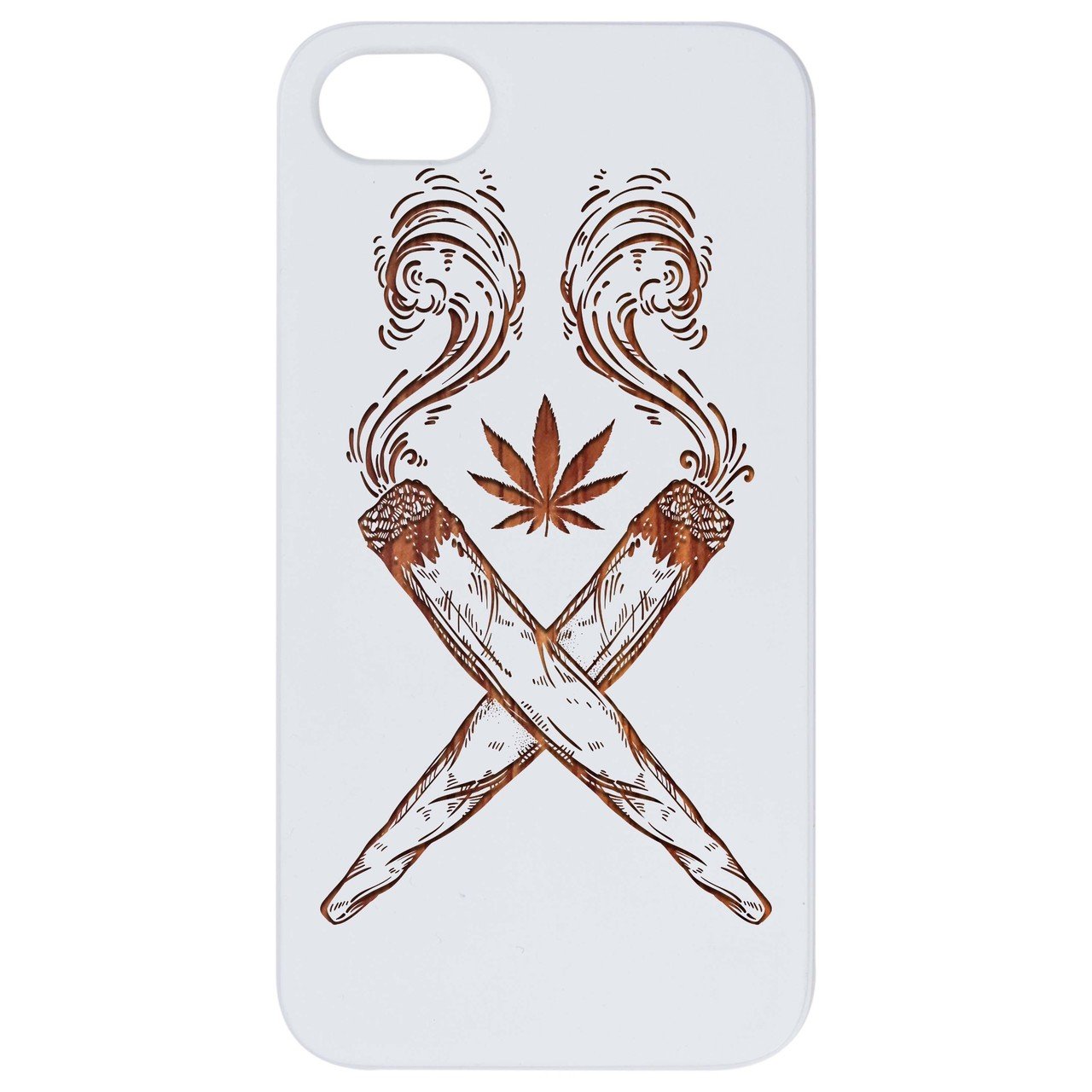 Marijuana Leaf Engraved wooden phone case showcasing intricate design and natural wood finish.