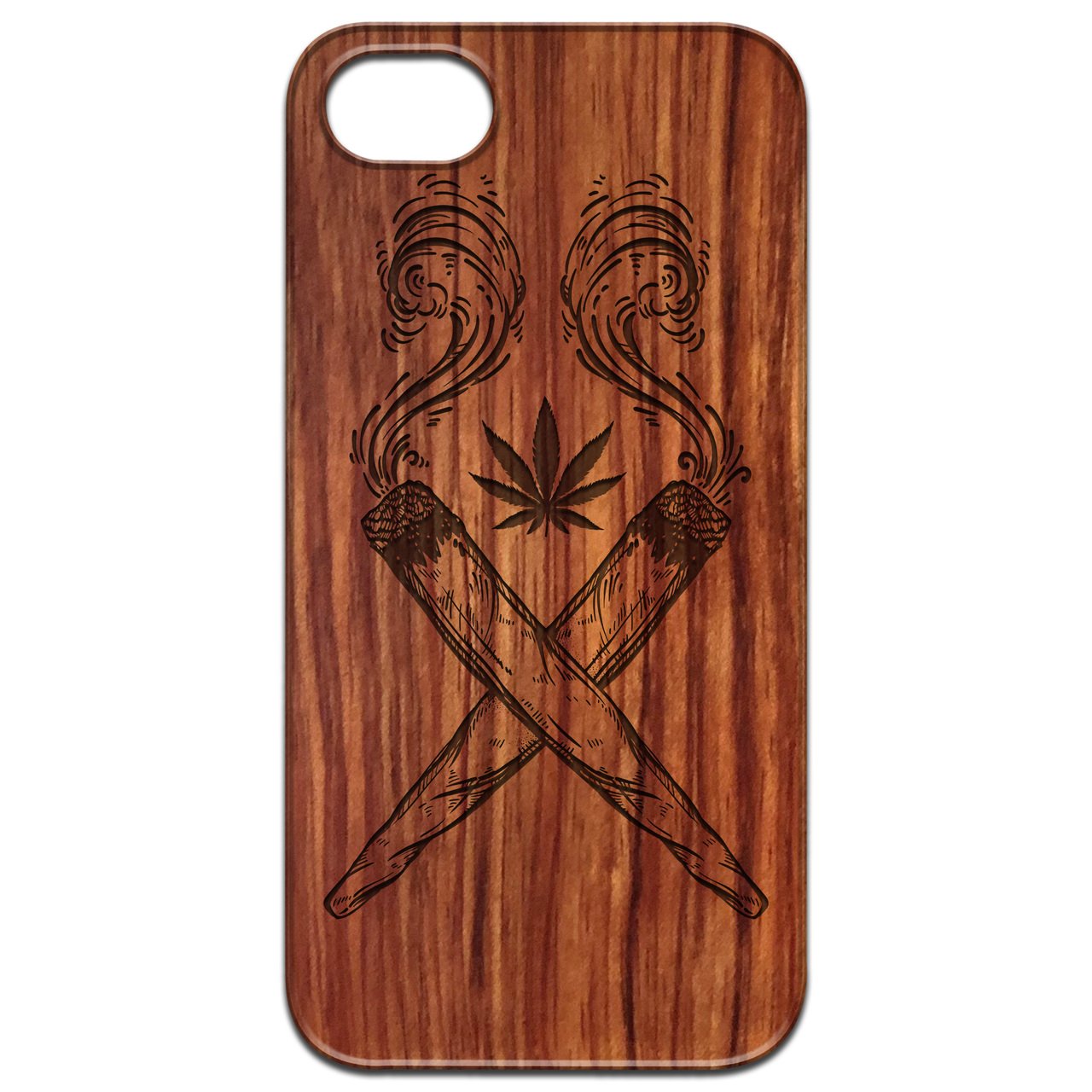 Marijuana Leaf Engraved wooden phone case showcasing intricate design and natural wood finish.