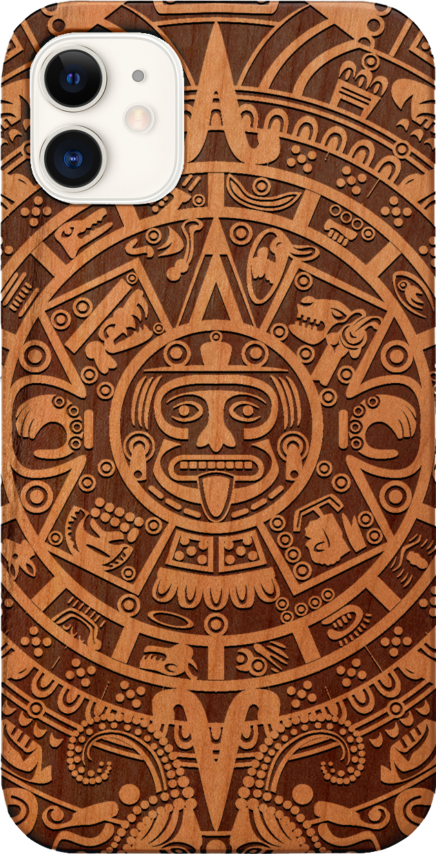 Mayan Calendar 1 - Engraved wooden phone case showcasing intricate design and durable materials.