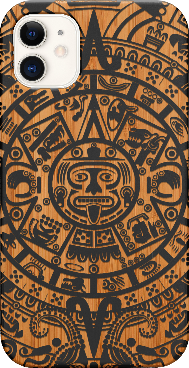 Mayan Calendar 1 - Engraved wooden phone case showcasing intricate design and durable materials.