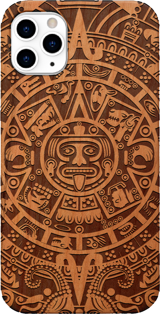 Mayan Calendar 1 - Engraved wooden phone case showcasing intricate design and durable materials.