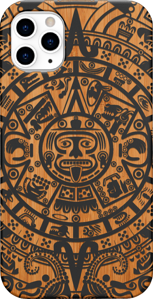 Mayan Calendar 1 - Engraved wooden phone case showcasing intricate design and durable materials.