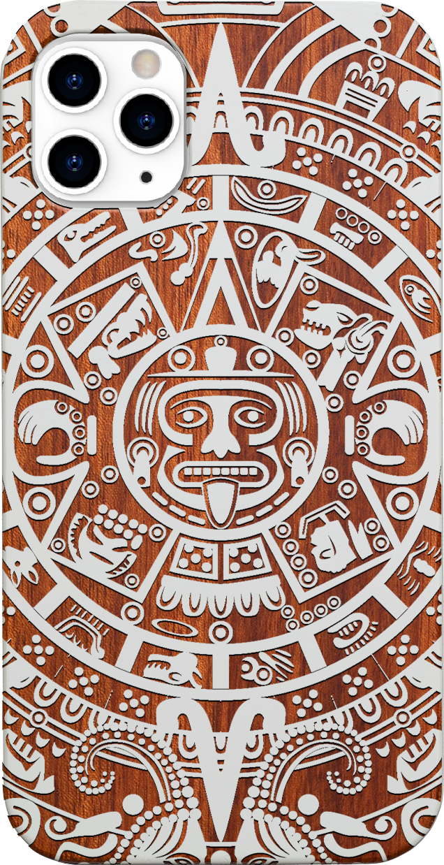 Mayan Calendar 1 - Engraved wooden phone case showcasing intricate design and durable materials.