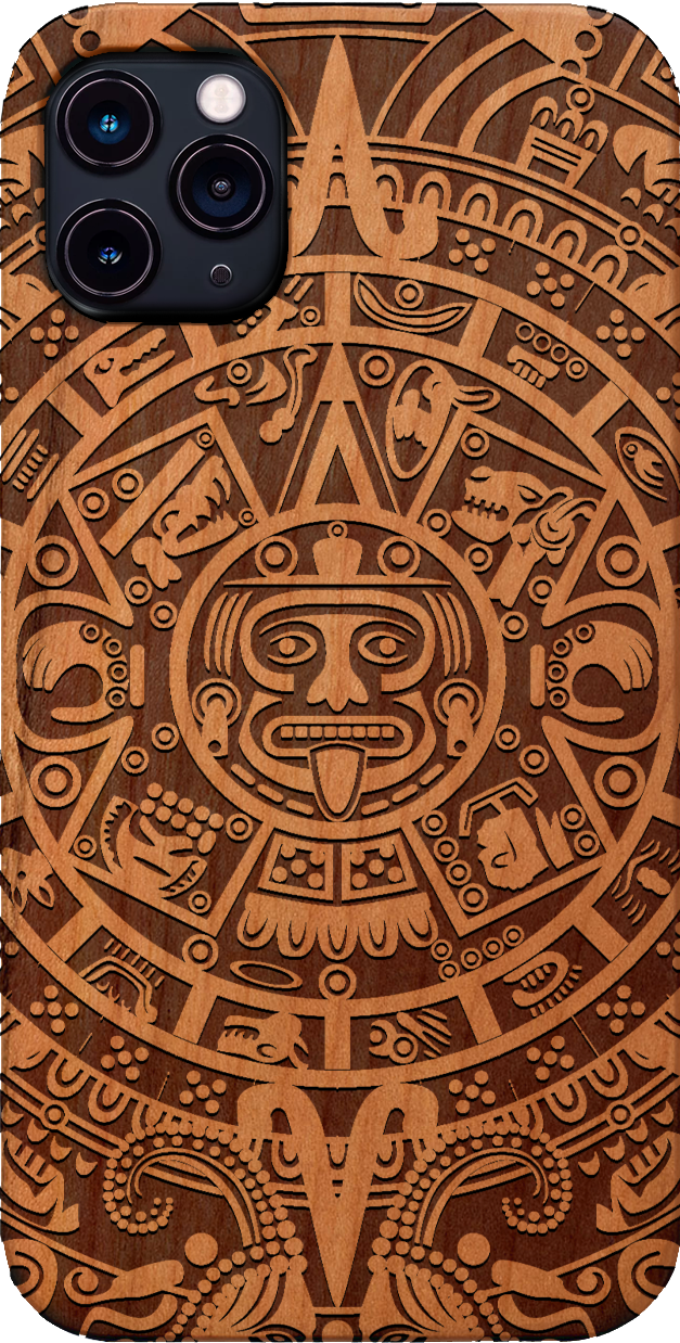 Mayan Calendar 1 - Engraved wooden phone case showcasing intricate design and durable materials.