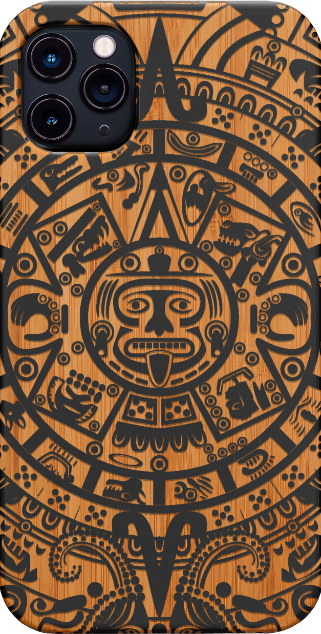 Mayan Calendar 1 - Engraved wooden phone case showcasing intricate design and durable materials.