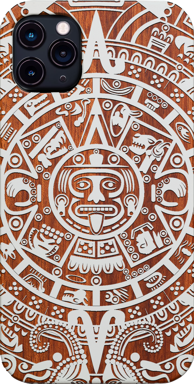 Mayan Calendar 1 - Engraved wooden phone case showcasing intricate design and durable materials.