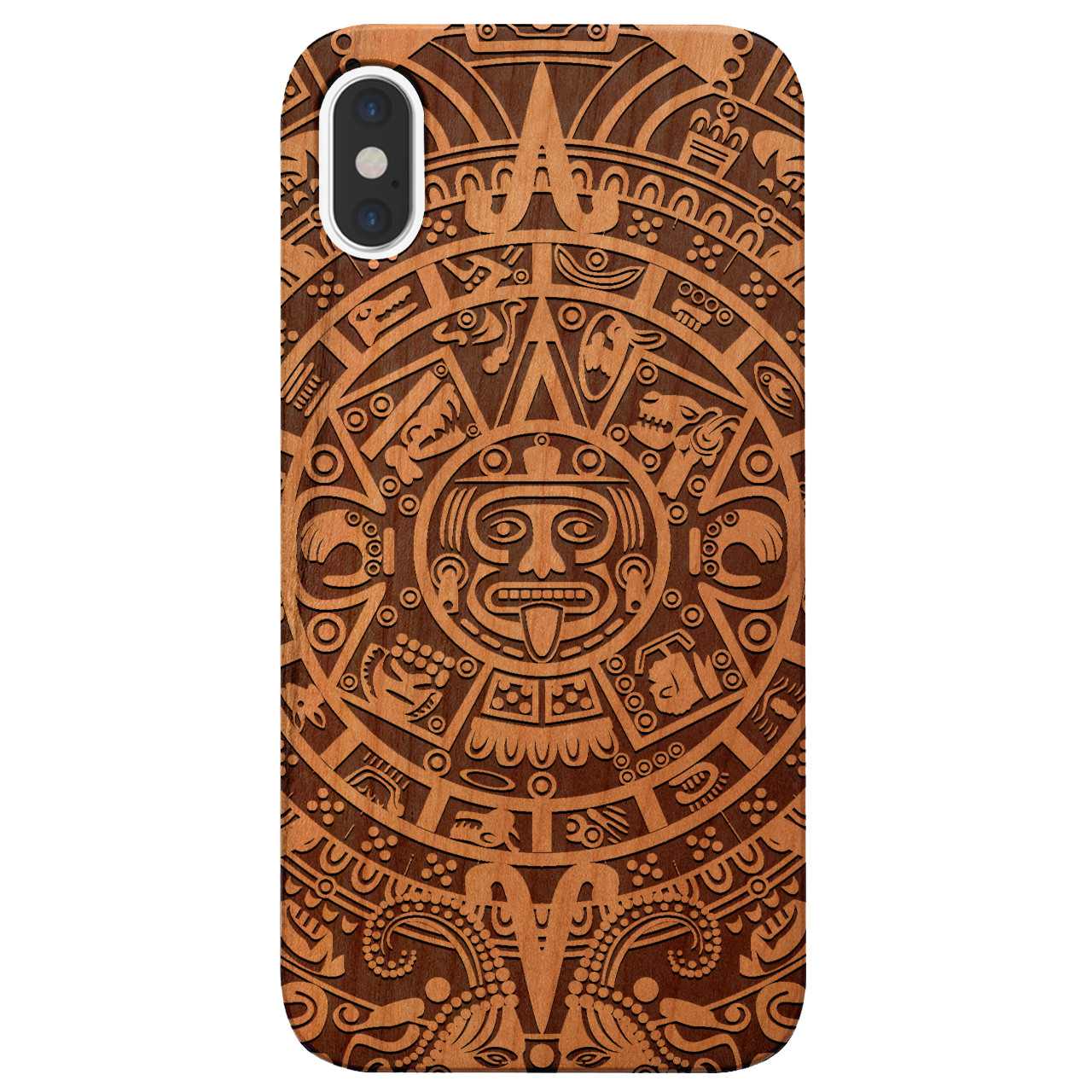 Mayan Calendar 1 - Engraved wooden phone case showcasing intricate design and durable materials.