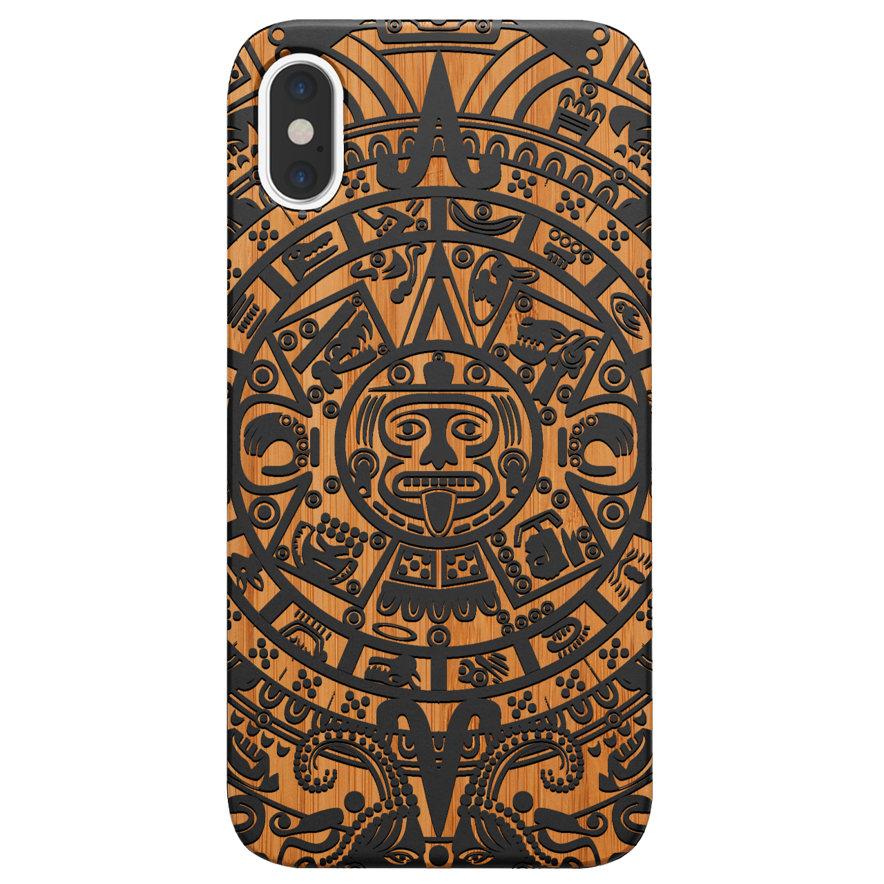 Mayan Calendar 1 - Engraved wooden phone case showcasing intricate design and durable materials.