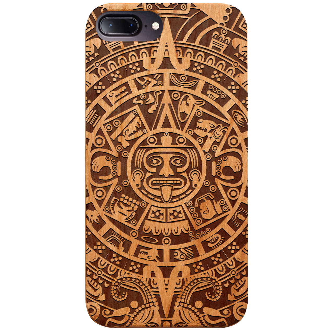 Mayan Calendar 1 - Engraved wooden phone case showcasing intricate design and durable materials.