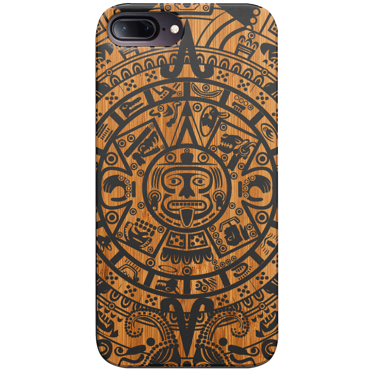 Mayan Calendar 1 - Engraved wooden phone case showcasing intricate design and durable materials.