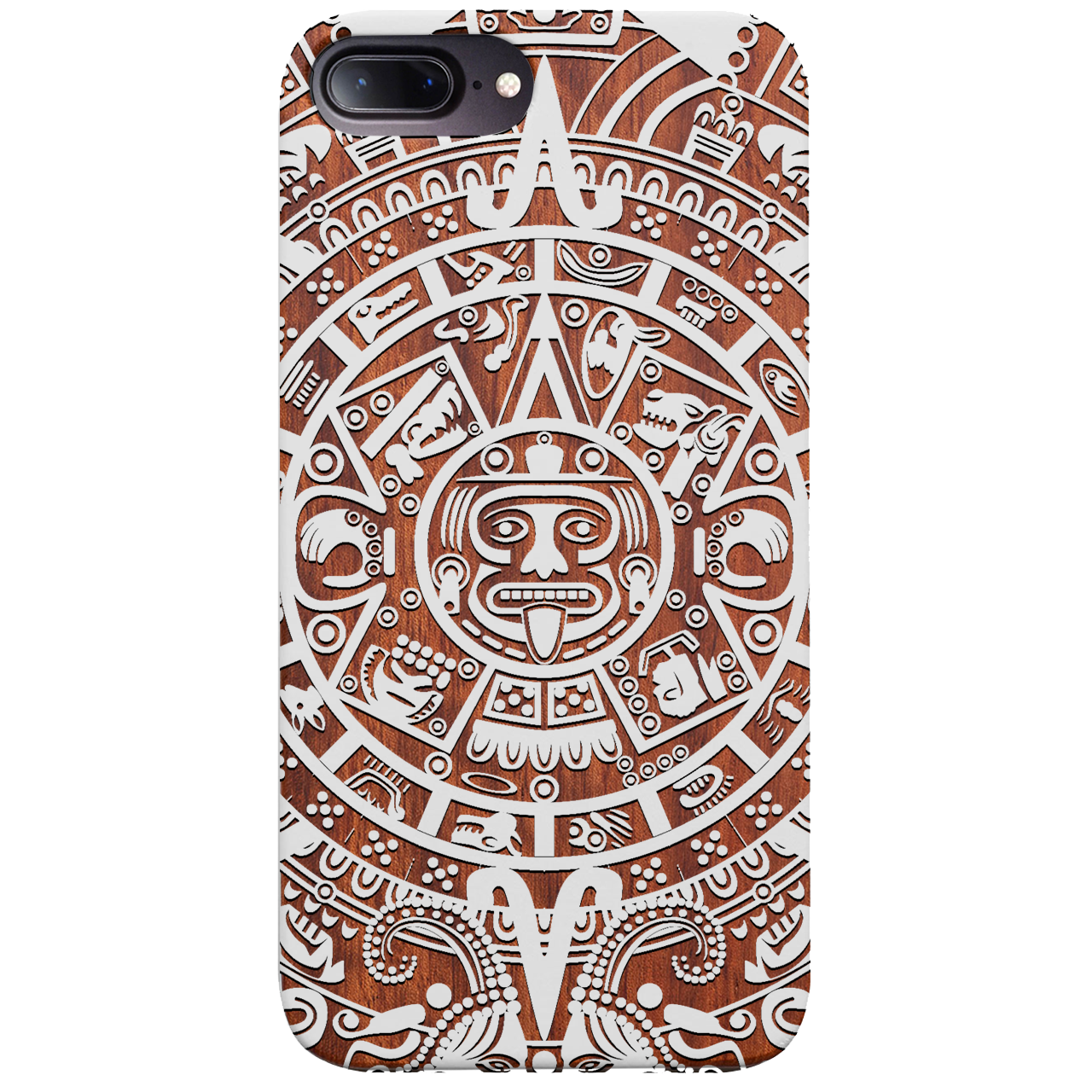 Mayan Calendar 1 - Engraved wooden phone case showcasing intricate design and durable materials.