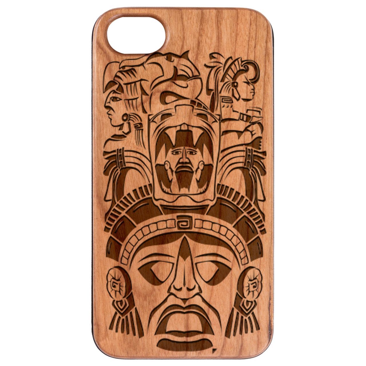 Mayan Mask - Engraved wooden phone case showcasing intricate design and natural wood finish.