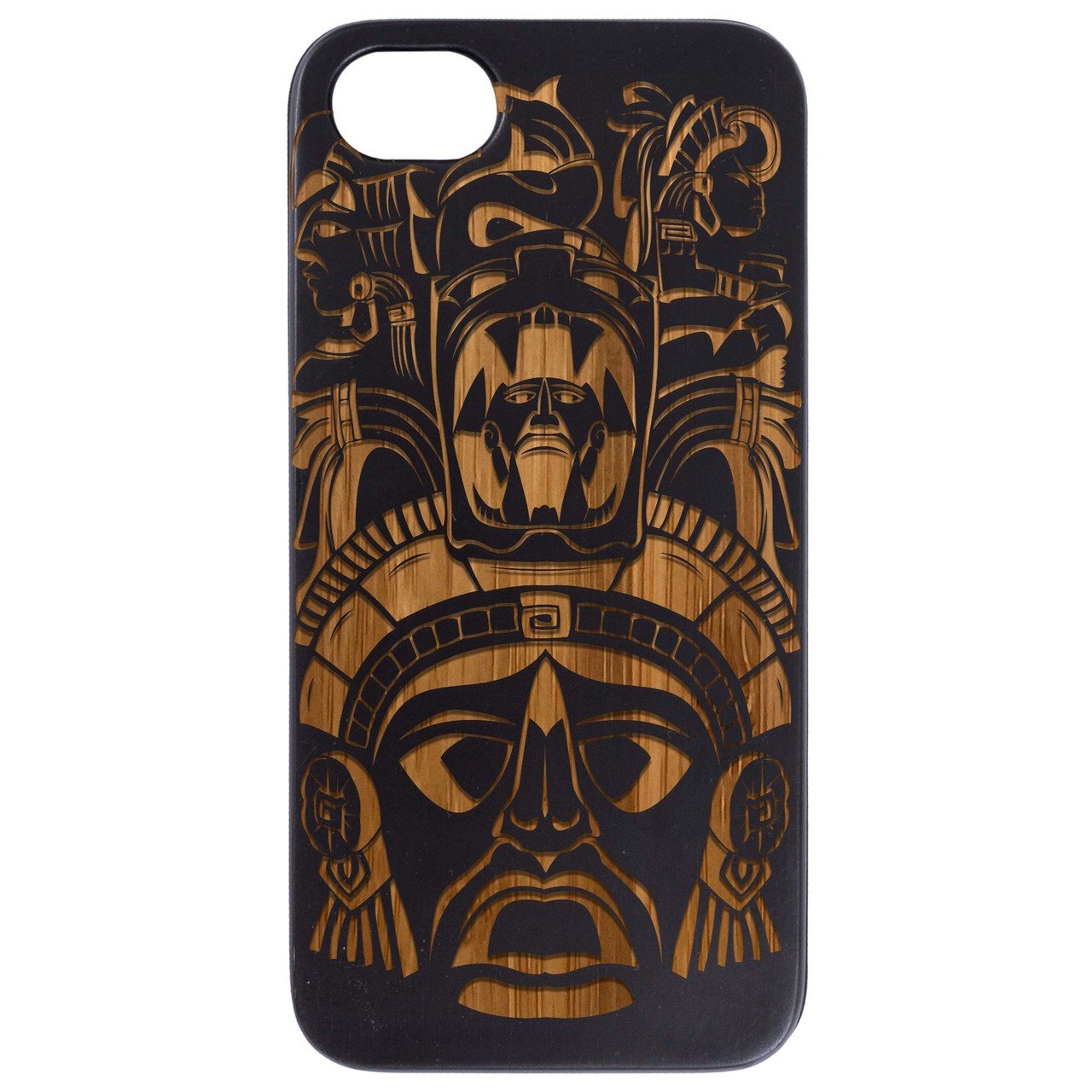 Mayan Mask - Engraved wooden phone case showcasing intricate design and natural wood finish.