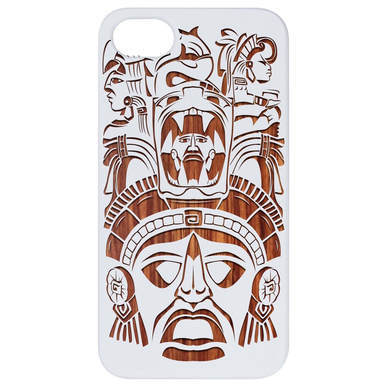 Mayan Mask - Engraved wooden phone case showcasing intricate design and natural wood finish.