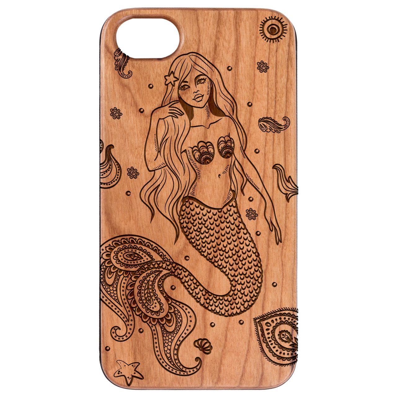 Mermaid Engraved wooden phone case showcasing intricate laser-engraved design and natural wood finish.