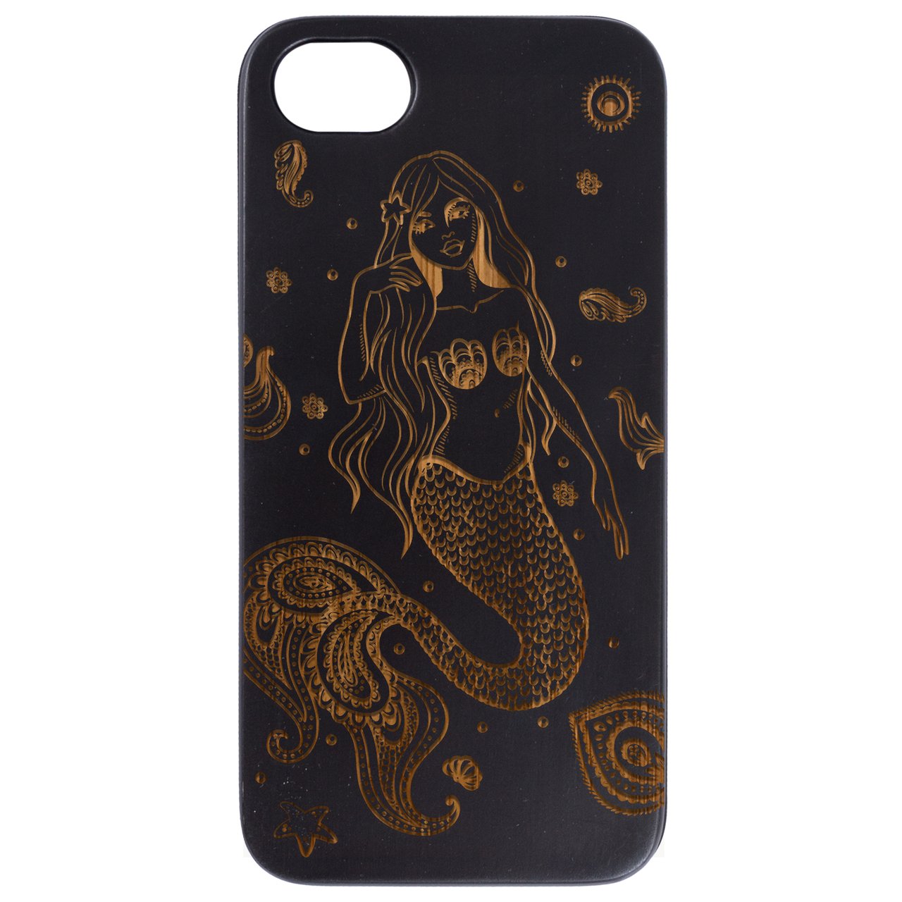 Mermaid Engraved wooden phone case showcasing intricate laser-engraved design and natural wood finish.