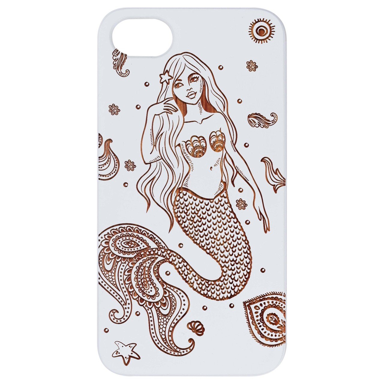 Mermaid Engraved wooden phone case showcasing intricate laser-engraved design and natural wood finish.