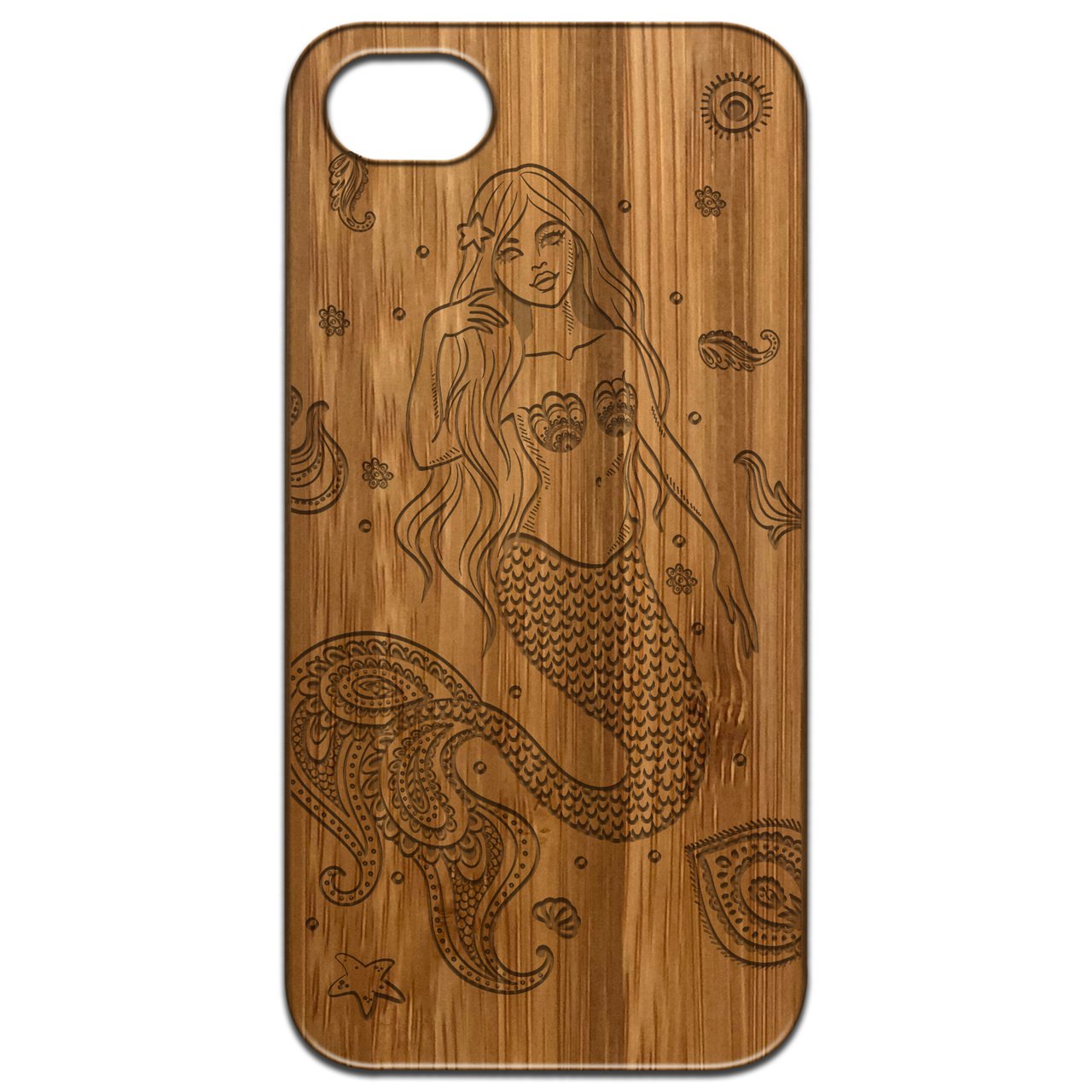 Mermaid Engraved wooden phone case showcasing intricate laser-engraved design and natural wood finish.